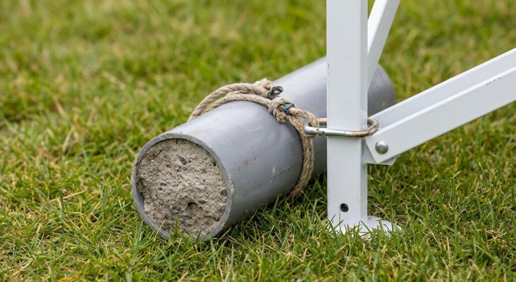 Lest cylindrique fabriqué à partir d'un tuyau en plastique rempli de ciment attaché au pied d'un barnum