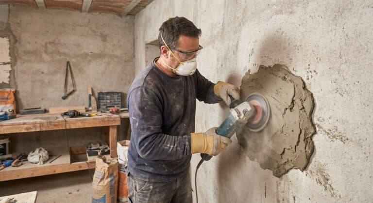 Artisan utilisant une ponceuse mécanique rotative pour aplanir une grosse coulure de mortier adhésif