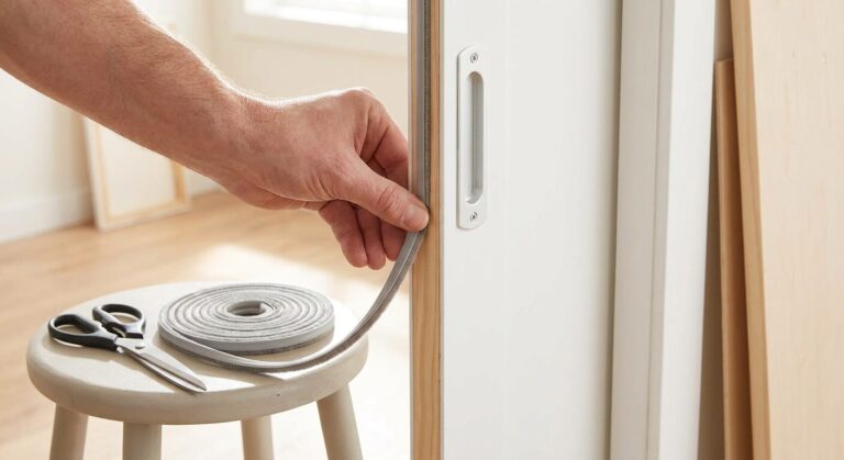 Pose d'un fin joint brosse adhésif sur le montant d'une porte coulissante en applique