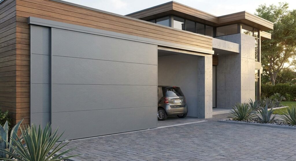 Porte de garage coulissante latérale grise installée sur la façade d'un pavillon moderne pour optimiser l'espace.