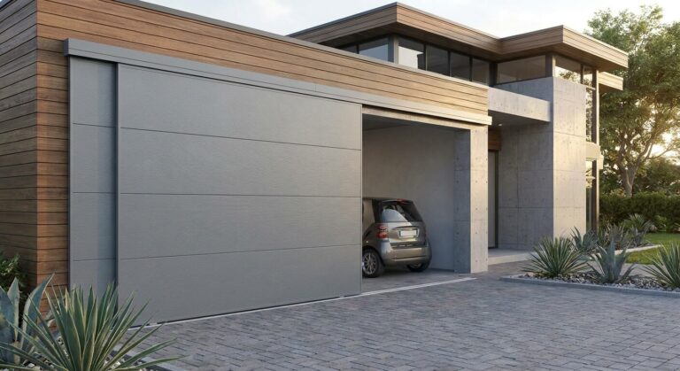 Porte de garage coulissante latérale grise installée sur la façade d'un pavillon moderne pour optimiser l'espace.
