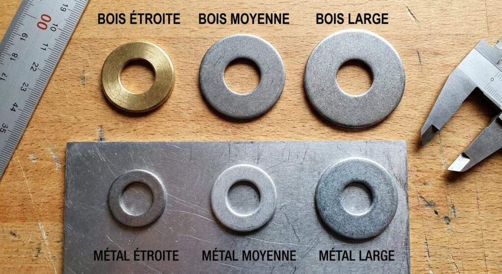 Comparaison visuelle entre des rondelles de séries étroite, moyenne et large pour le bois et le métal.