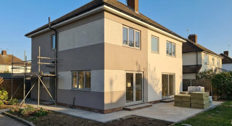 Maison individuelle après une rénovation thermique par l'extérieur avec une finition enduit moderne.