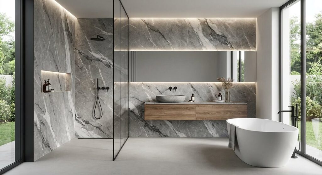 Panneaux muraux SPC grands formats avec décor marbre gris installés dans une salle de bain moderne.