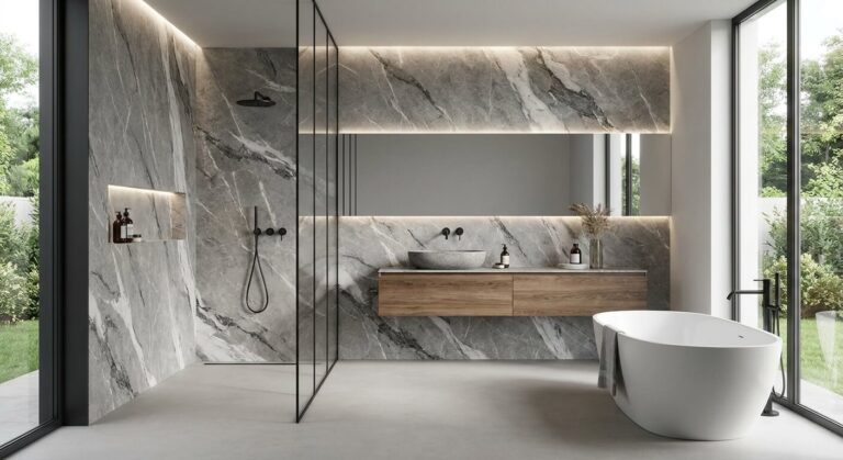 Panneaux muraux SPC grands formats avec décor marbre gris installés dans une salle de bain moderne.