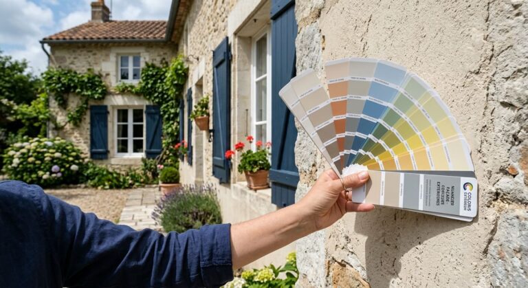 Une main tenant un nuancier de couleurs extérieures devant le mur d'une maison pour tester les teintes.
