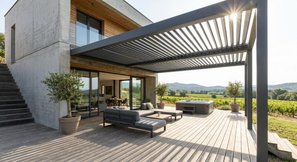 Pergola en aluminium gris anthracite intégrée à la façade d'une maison contemporaine dans les Bouches-du-Rhône.