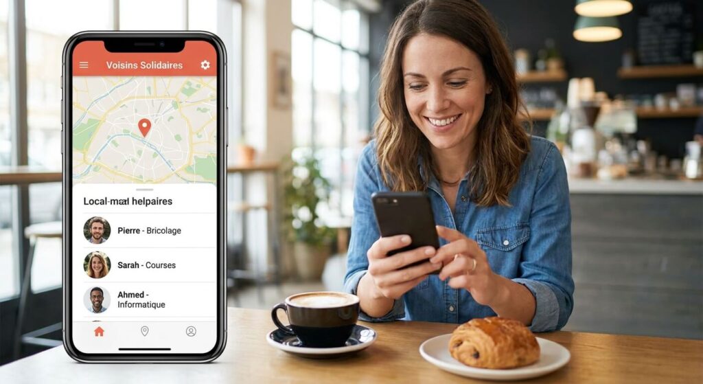 Consultation d'une plateforme d'entraide locale sur smartphone pour trouver un prestataire de confiance à proximité.