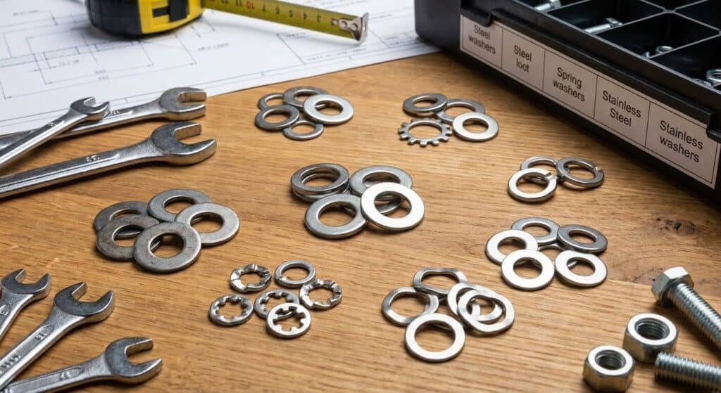 Différents types de rondelles en acier et inox pour assemblages mécaniques et bricolage.