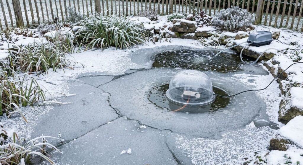 Surface d'un bassin de jardin gelée équipée d'une cloche anti-gel et d'un aérateur pour l'oxygénation