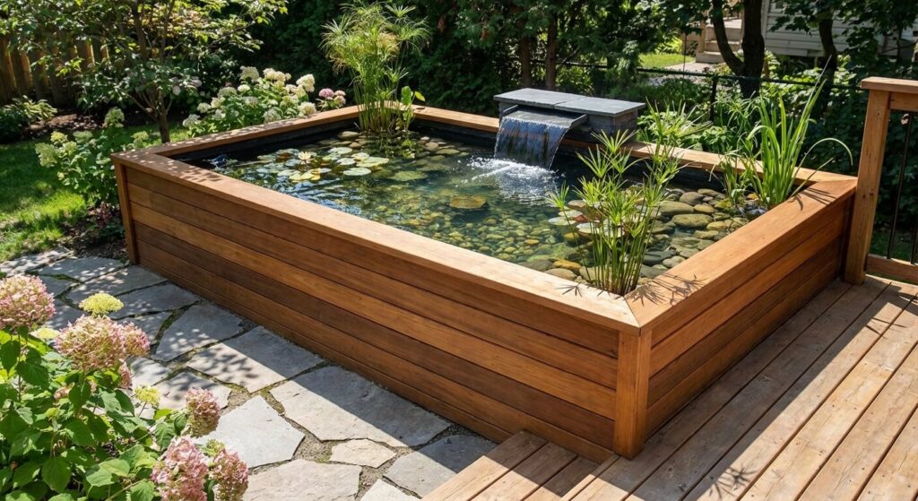 Fabriquer un bassin hors sol en parpaing : Le guide étape par étape 3 Rendu final d'un bassin hors sol recouvert d'un parement en bois élégant et rempli d'eau claire