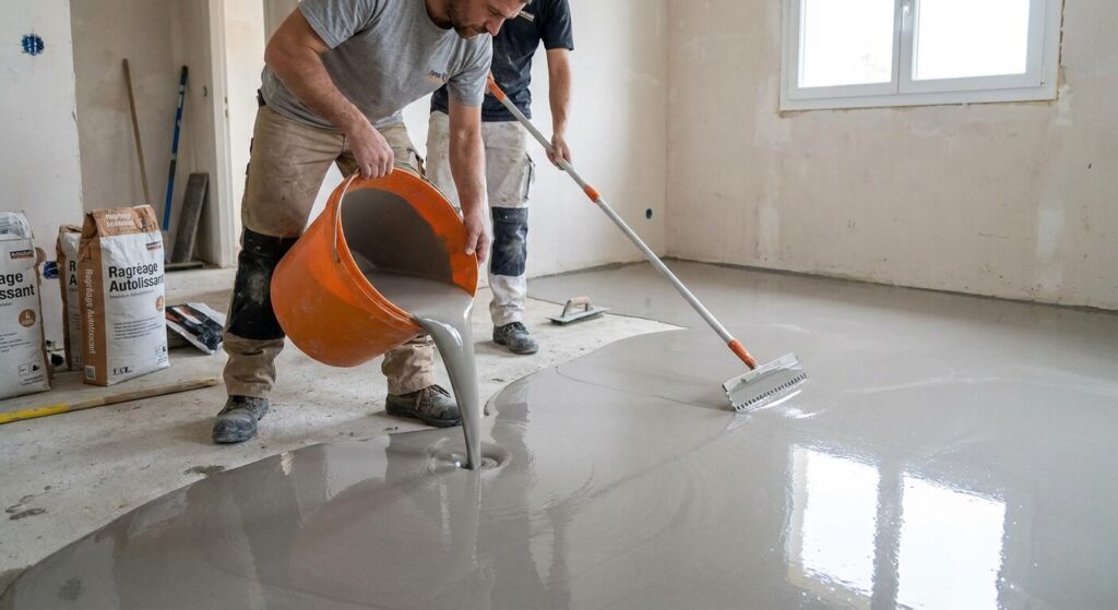 Coulée d'un enduit de ragréage autolissant très fluide étalé à l'aide d'une taloche crantée