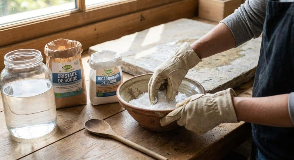 Préparation d'un mélange écologique à base de cristaux de soude et de bicarbonate pour la pierre