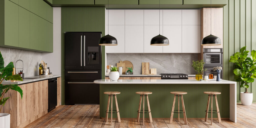 Cuisine aménagée sur mesure avec îlot central et électroménager encastré dans un intérieur contemporain.