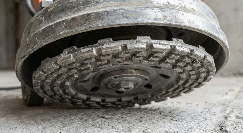 Gros plan sur le disque incrusté de segments diamants utilisé sous la cloche de la raboteuse de sol