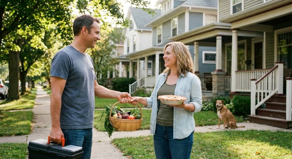 Deux voisins discutant et échangeant des services dans un quartier résidentiel, symbolisant la confiance et la proximité.