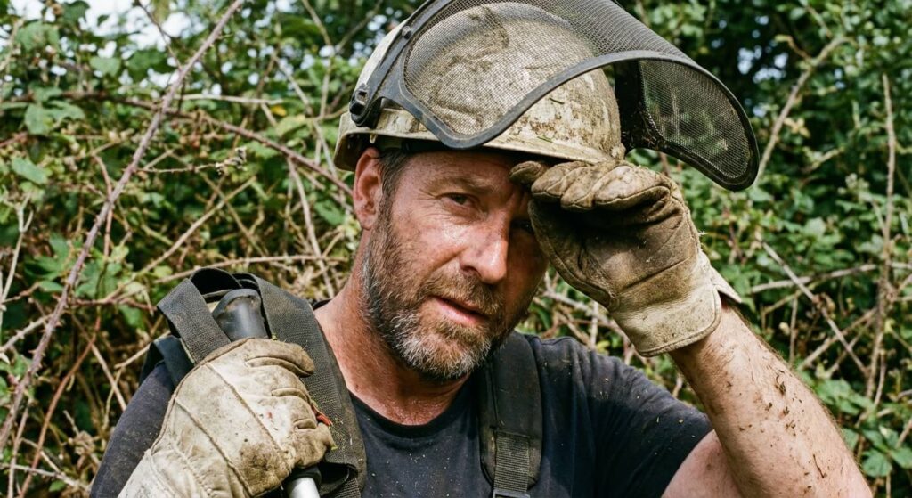 Débroussaillage : les clés pour maîtriser les terrains les plus sauvages 3 Gros plan sur un jardinier portant un casque avec visière grillagée et des gants renforcés pour le débroussaillage.