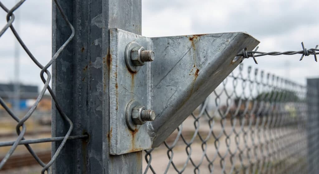 Comment fabriquer un bavolet pour sécuriser efficacement sa clôture ? 3 Gros plan sur la fixation par boulonnage d'un bavolet en acier sur un poteau de clôture