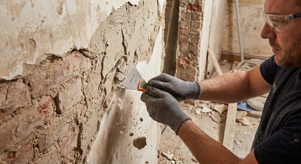 Utilisation d'un grattoir triangulaire à lame en carbure pour raboter un excédent de MAP avant abrasion