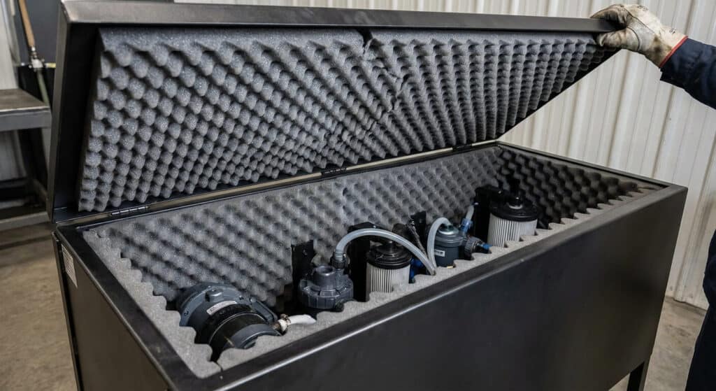 Comment fabriquer un coffre pour pompe piscine sur mesure et silencieux ? 3 Intérieur du coffre de filtration tapissé de mousse acoustique alvéolaire pour étouffer le bruit