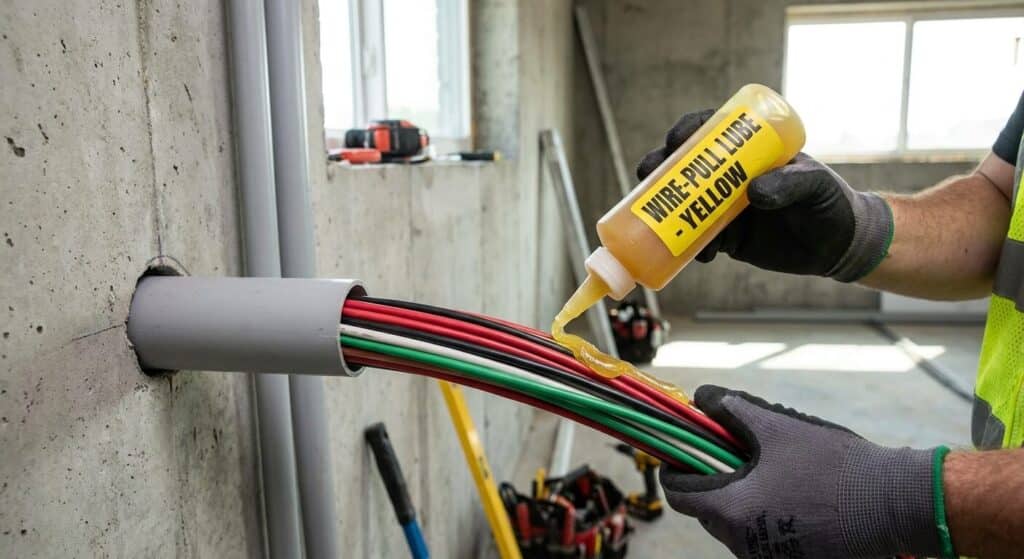 Application de lubrifiant jaune spécifique pour faciliter le glissement des câbles électriques dans un conduit