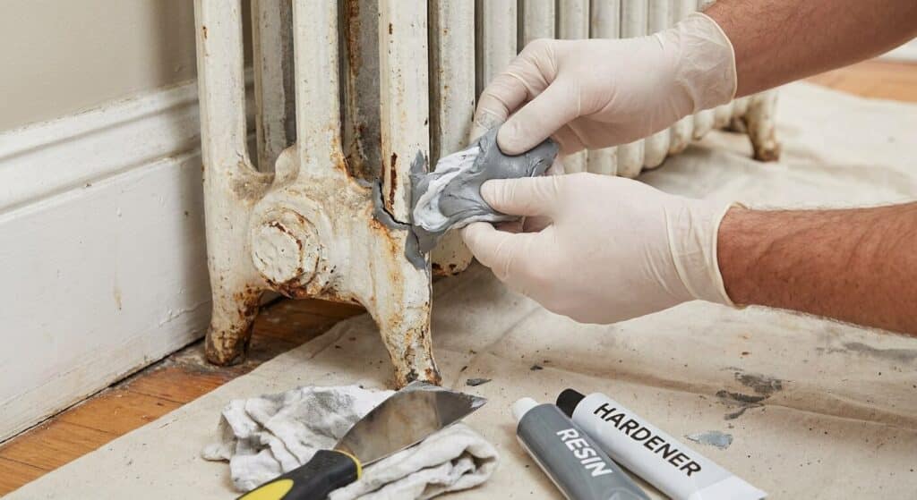 Application d'une résine époxy bicomposante pour colmater une fuite sur un radiateur