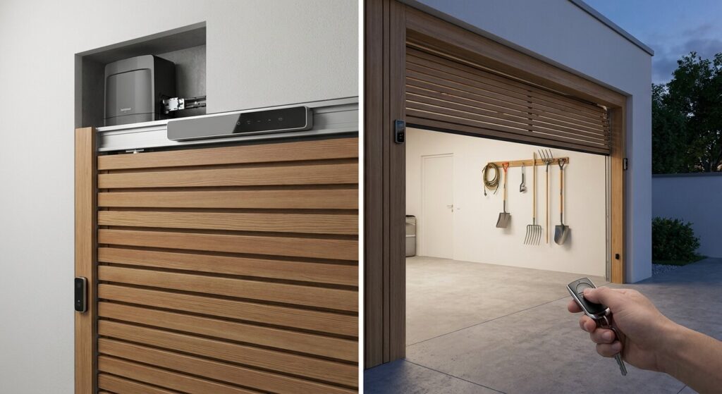 Système de motorisation discret pour porte de garage coulissante permettant une ouverture automatique sécurisée.