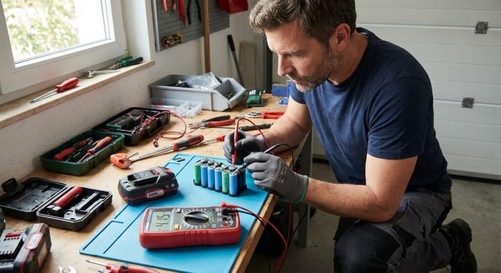 Bricoleur utilisant un multimètre pour tester la tension des cellules d'une batterie Parkside