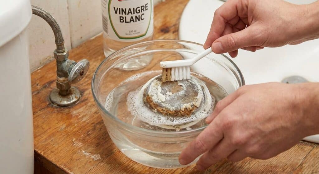 Nettoyage au vinaigre blanc du petit filtre anti-impuretés situé sur l'arrivée d'eau des toilettes