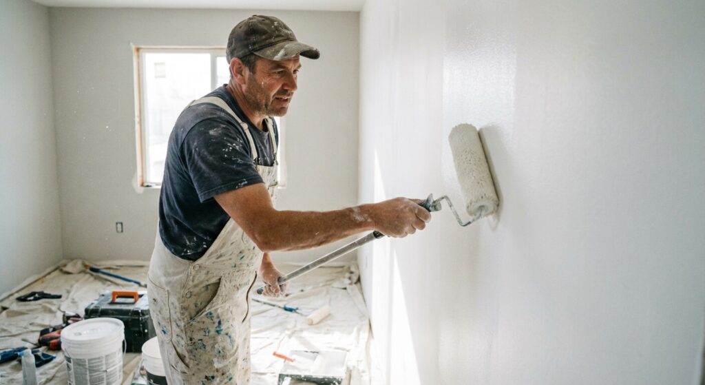 Artisan peintre appliquant une couche de peinture blanche sur un mur avec un rouleau en microfibre