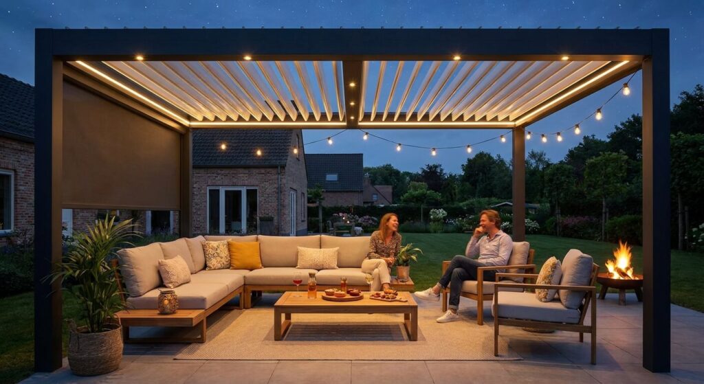 Espace de vie extérieur sous une pergola bioclimatique équipée de spots LED pour profiter des soirées d'été.