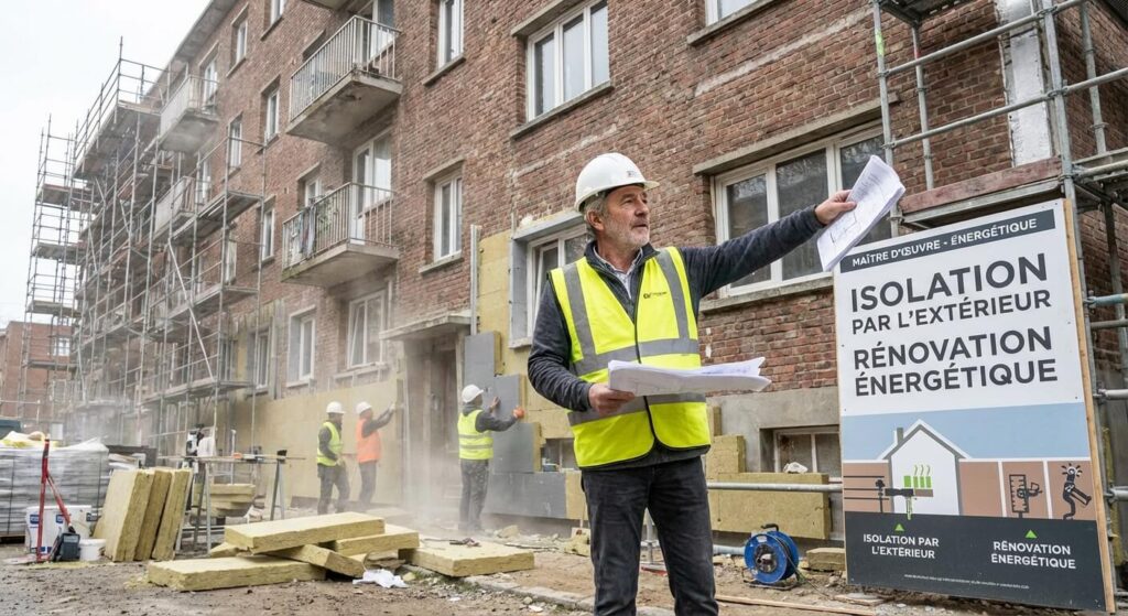 Maître d'œuvre supervisant la pose d'une isolation thermique par l'extérieur sur un bâtiment en rénovation.