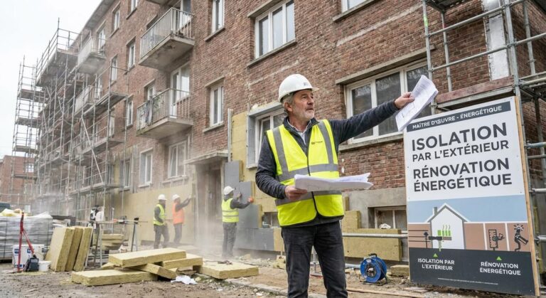 Maître d'œuvre supervisant la pose d'une isolation thermique par l'extérieur sur un bâtiment en rénovation.