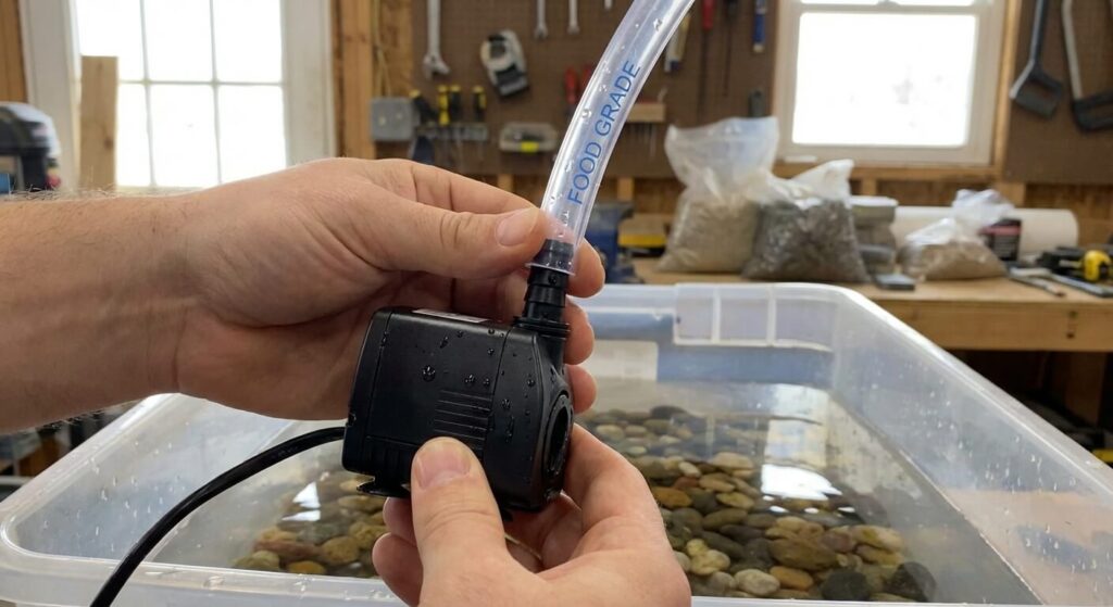 Comment fabriquer une fontaine à punch maison pour vos soirées ? 3 Raccordement d'un tuyau en plastique de grade alimentaire sur une petite pompe à eau immergeable