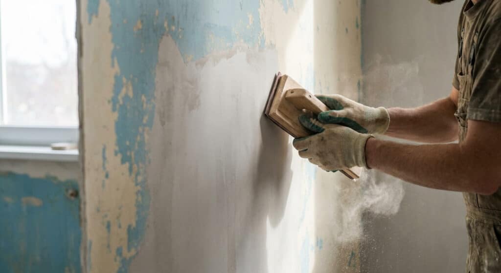 Ponçage manuel d'un mur avec une cale abrasive fine pour retirer les derniers résidus de couleur