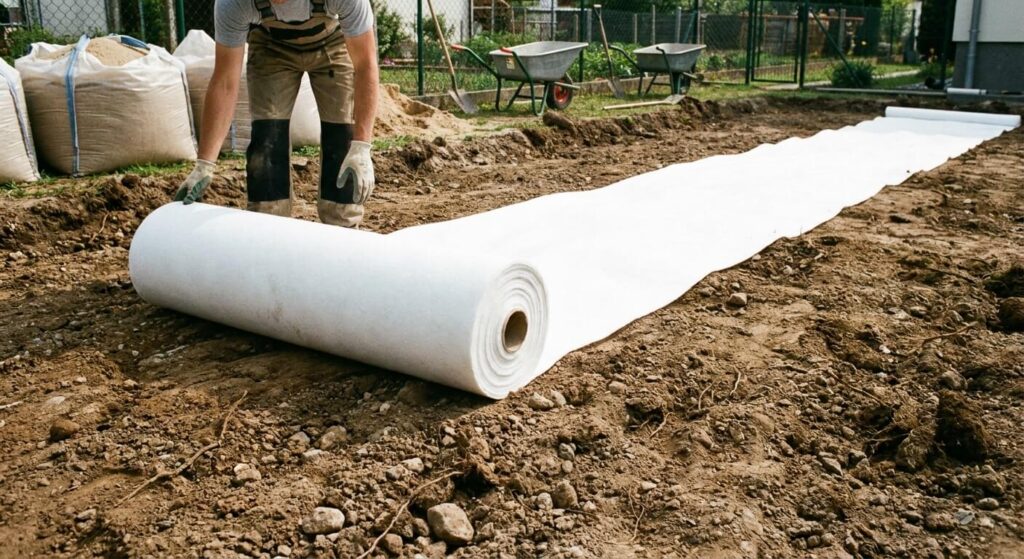 Déroulage d'une bande de feutre géotextile blanc sur la terre brute avant l'apport de sable