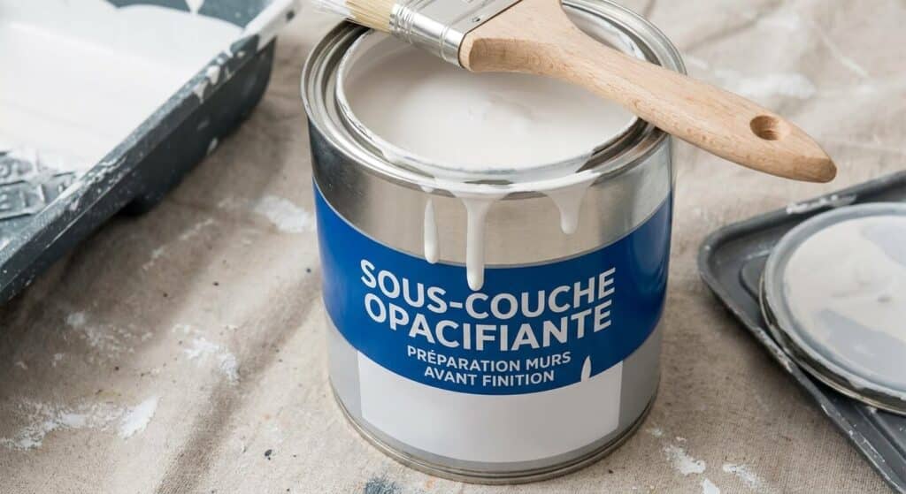 Gros plan sur un pot de sous-couche opacifiante pour la préparation des murs avant finition