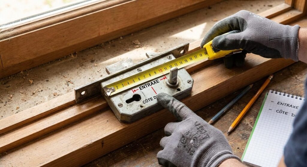 Prise de mesure au mètre ruban de l'entraxe et de la côte D sur un mécanisme de fermeture