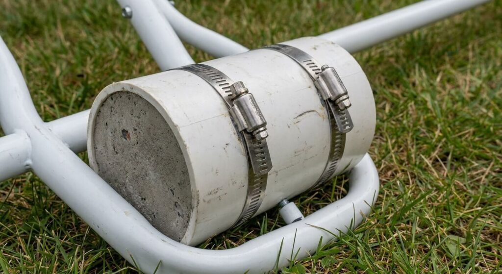 Fixation solide d'un poids artisanal sur l'armature métallique d'une tente de réception avec des colliers