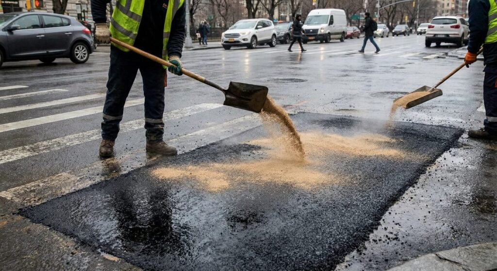 Saupoudrage de sable fin sur une rustine d'asphalte fraîche pour accélérer le séchage et éviter le collage