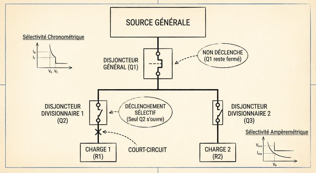 Schéma technique illustrant le principe de sélectivité entre un disjoncteur général et un disjoncteur divisionnaire