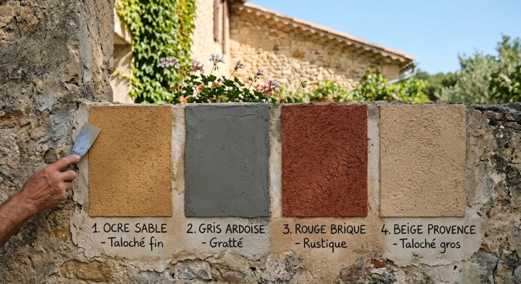 Échantillons de différents types d'enduits colorés appliqués sur une petite surface pour vérifier le rendu à la lumière naturelle.