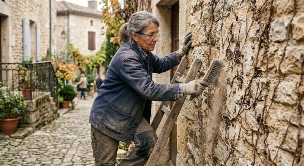 Artisan frottant les résidus de lierre sur une façade en pierre avec une brosse métallique