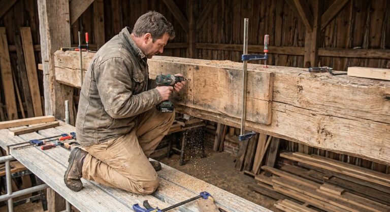 Charpentier fixant des flasques en bois de chaque côté d'une poutre ancienne pour la renforcer