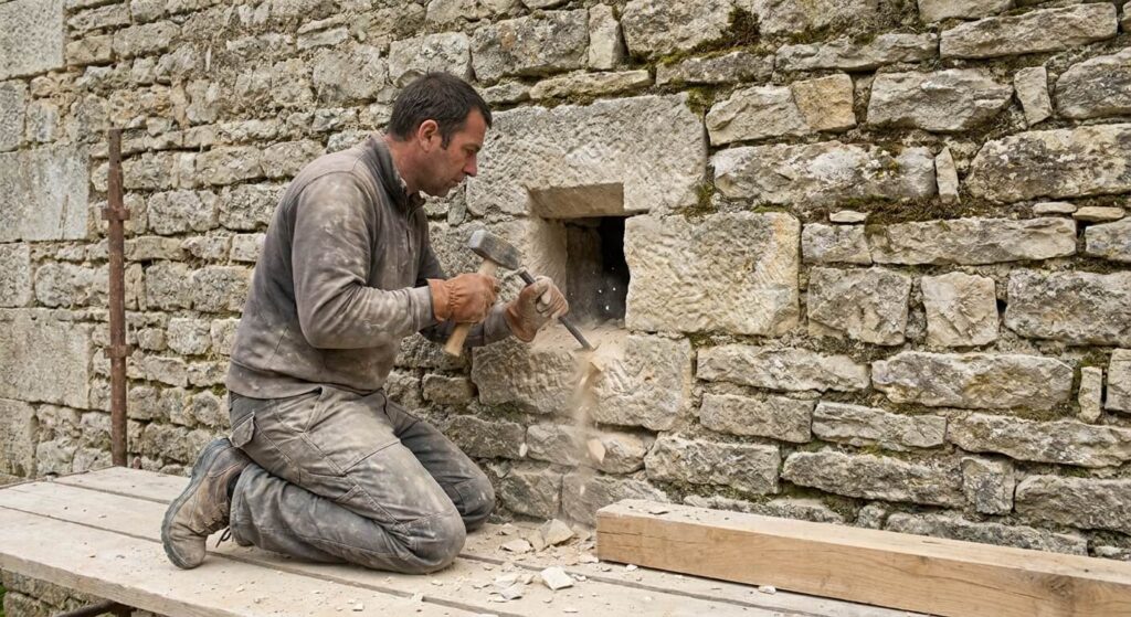 Maçon préparant une réservation (un trou) dans un mur en pierre ancienne pour y insérer une poutre
