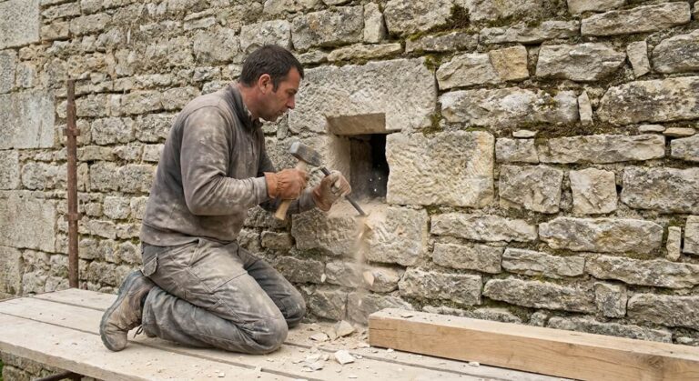 Maçon préparant une réservation (un trou) dans un mur en pierre ancienne pour y insérer une poutre