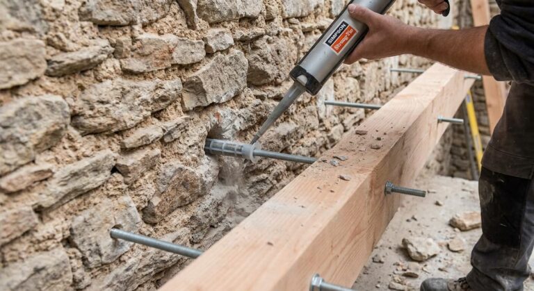 Injection de résine de scellement chimique avec un tamis dans un mur en moellons pour fixer une muralière