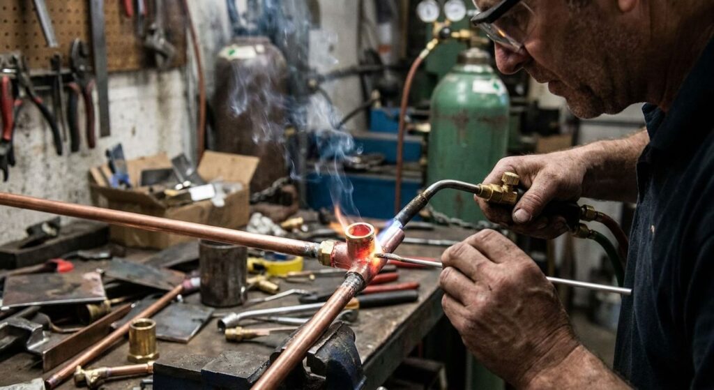 Artisan utilisant un chalumeau pour réaliser un brasage fort sur un raccord en laiton