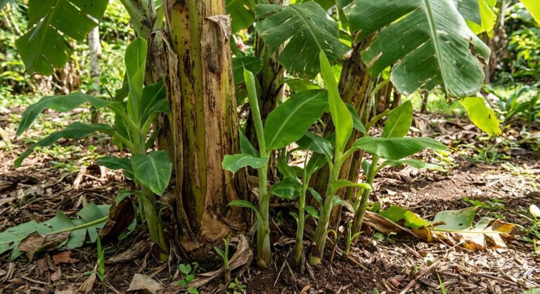 Jeunes rejets de bananier poussant vigoureusement à la base du stipe de la plante mère