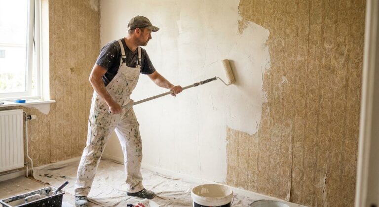 Artisan appliquant un enduit de garnissage au rouleau sur un mur recouvert d'une ancienne fibre de verre